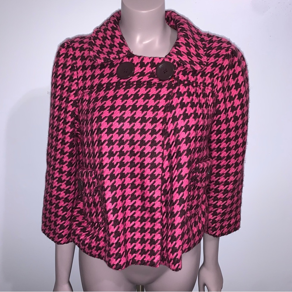 Last Kiss Pink and Dark Purple Houndstooth, 3/4 Sleeves, Cropped Jacket, Large.